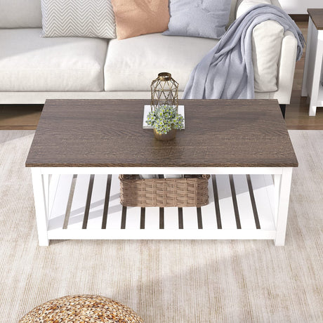 ChooChoo Farmhouse Coffee Table, Rustic Vintage Living Room Table with Shelf, 40 White ChooChoo