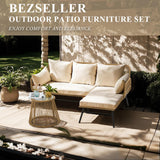Bezseller 3-Piece Outdoor Patio Furniture Set, L-Shaped Rattan Sectional Sofa with Thick Cushions, Glass Coffee Table – All-Weather Conversation Set for Backyard, Porch, Poolside Bezseller