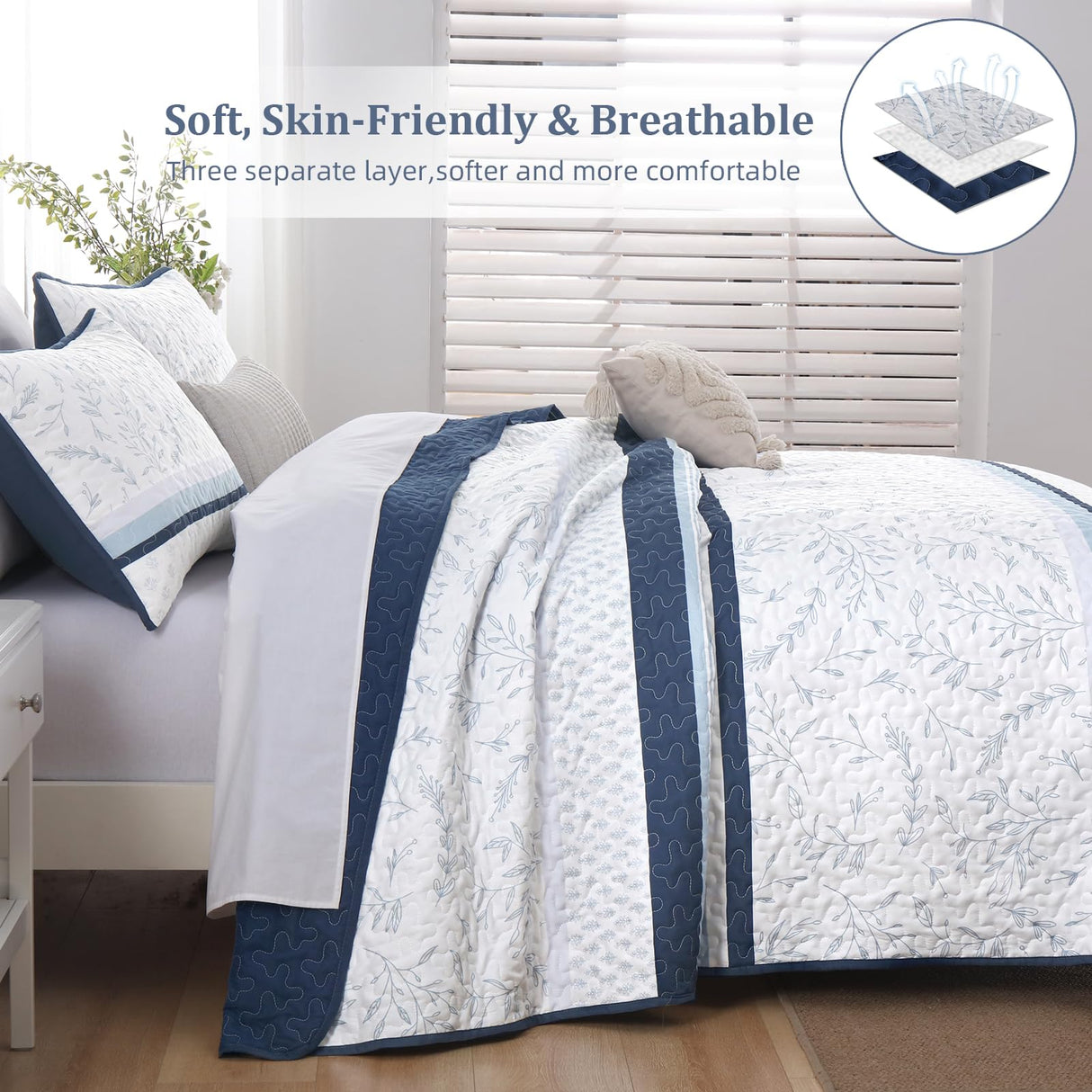 DJY Striped Quilt Set King Size, Navy Blue Boho Striped Patchwork Leaves Printed Bedspread Coverlet Set 3 Pieces Soft Lightweight Microfiber Quilted Bedding Set for All Season (104"x90") DJY