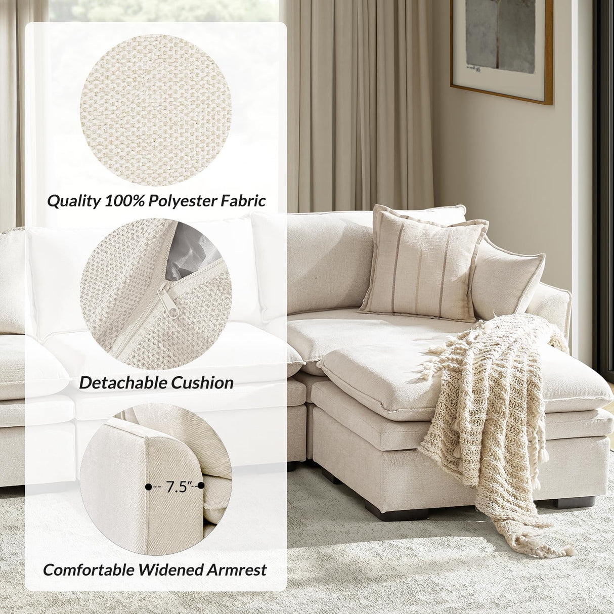 HULALA HOME 106" Modular Sectional Sofa, Oversized 3 Seater Couch with Double-Cushion, Modern Sofa with Deep Seat, Convertible Sectional Couch for Living Room, Ivory HULALA HOME