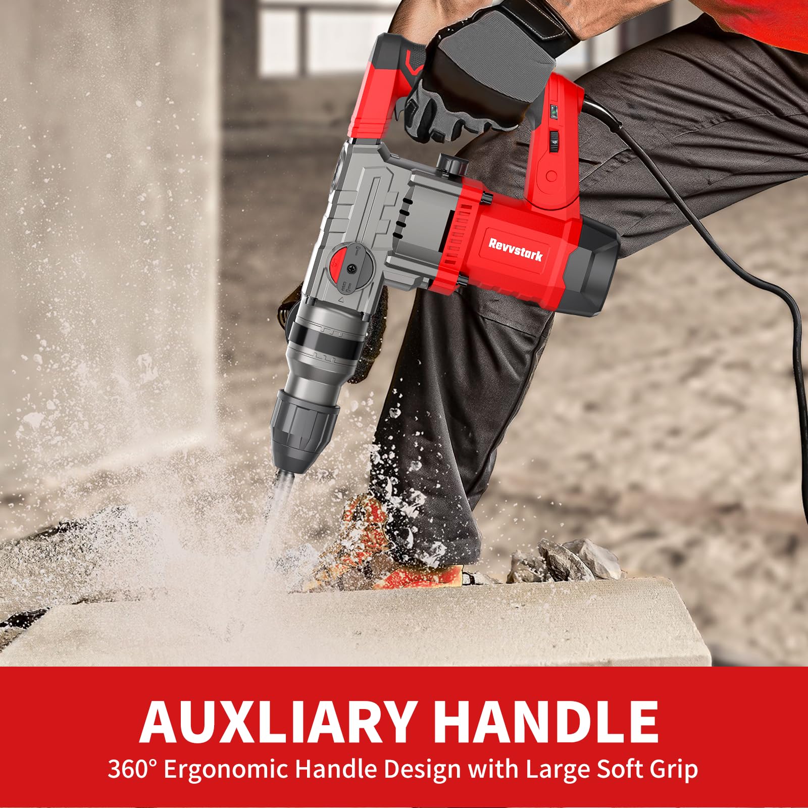 Rotary Hammer Drill, Revvstark 13 Amp 1-1/4 Inch SDS-Plus Heavy Duty Rotary Hammer Drill Powerful, Safety Clutch 4 Functions, Vibration Control Including Grease, Chisels, Drill Bits and Case - WoodArtSupply