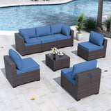 Gotland 7-Piece Outdoor Patio Furniture Set - All-Weather PE Rattan Sectional Wicker with Replaceable Navy Waterproof Cushions & Coffee Table Gotland