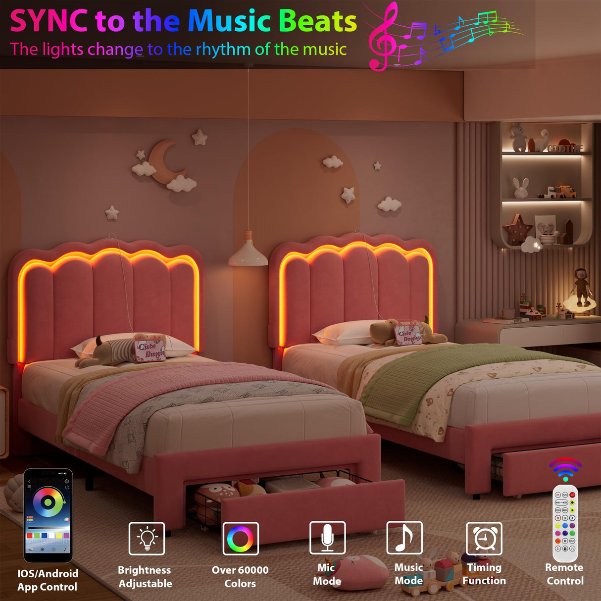 Twin Upholstered LED Bed Frame with Storage Drawer and Adjustable Chic Double Wavy Headboard, Velvet Princess Platform Bed for Girls/Kids, Solid Wood Slats Support, No Box Spring Needed, Pink Jocoevol