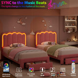 Twin Upholstered LED Bed Frame with Storage Drawer and Adjustable Chic Double Wavy Headboard, Velvet Princess Platform Bed for Girls/Kids, Solid Wood Slats Support, No Box Spring Needed, Pink Jocoevol