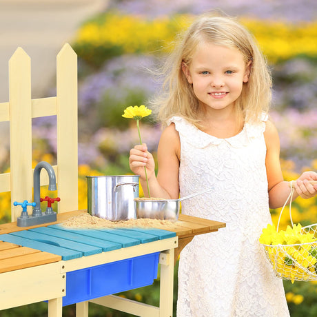 Costzon Wooden Kids Kitchen Playset, Indoor Outdoor Pretend Mud Kitchen Set for Toddler, Play Kitchen Toy w/Simulated Faucet, Shelves, Removable Board, Toy Kitchen Set for Girls & Boys Age 3+ Costzon