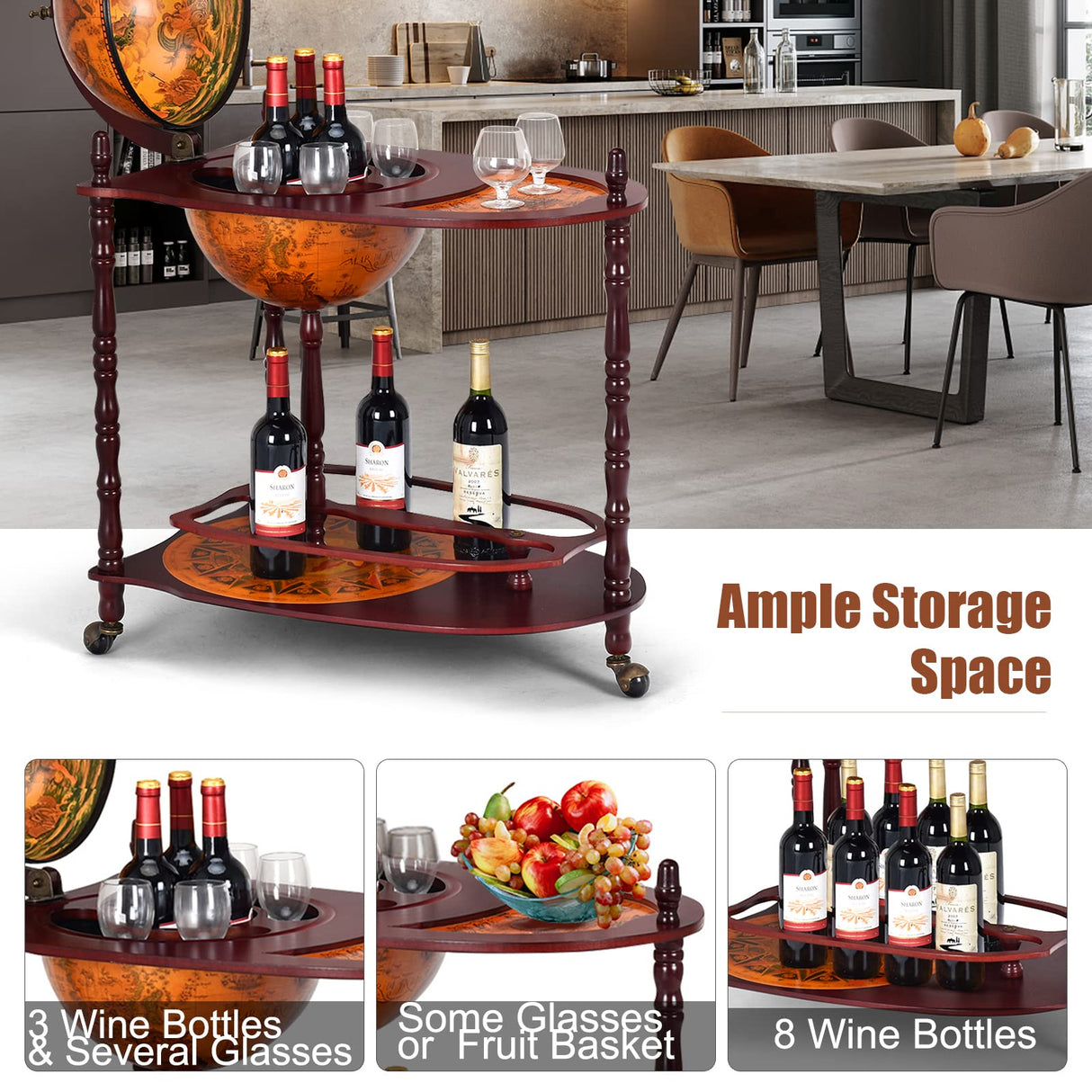 Goplus Globe Bar, 34.5” Globe Bar Liquor Cabinet with Wheels, Bottom Shelf, Old World Map, 16th Century Italian Replica Bar Globe, Retro Wine Stand, Goplus