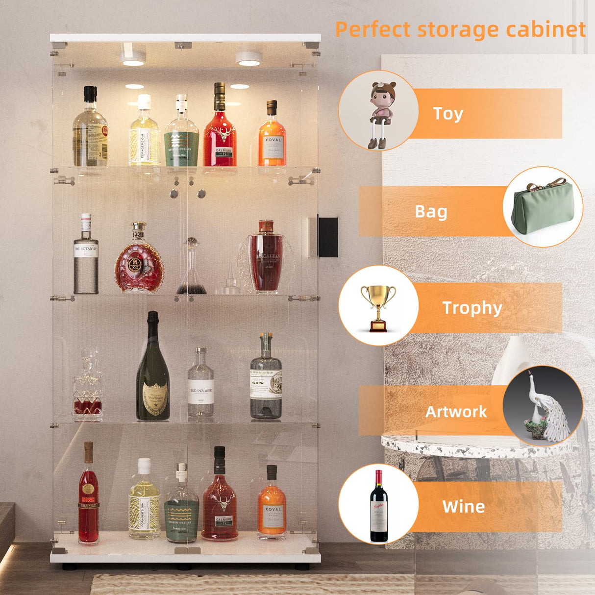 LFT HUIMEI2Y Glass Display Cabinet with LED Lights and Lock, 2 Door Curio Cabinets, Tempered Glass Collection Display Showcase for Bedroom, Living Room 65” White LFT HUIMEI2Y