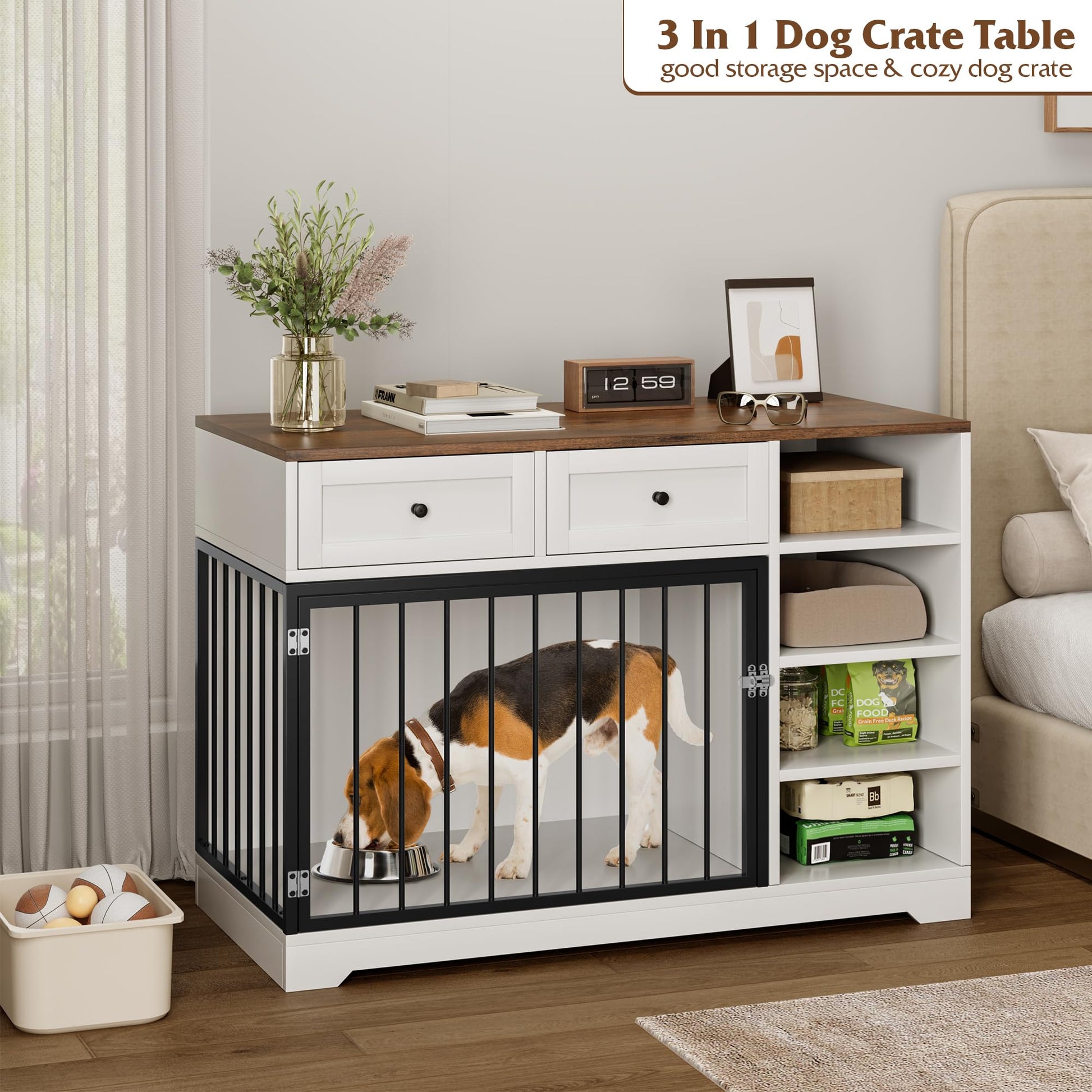 IDEALHOUSE Large Dog Crate Furniture, 47” Dog Crate with 2 Drawers and 4 Shelves, Heavy Duty Wooden Dog Crate, Decorative Dog Indoor Kennel Furniture Indoor with Storage, White - WoodArtSupply