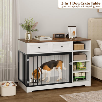 IDEALHOUSE Large Dog Crate Furniture, 47” Dog Crate with 2 Drawers and 4 Shelves, Heavy Duty Wooden Dog Crate, Decorative Dog Indoor Kennel Furniture Indoor with Storage, White - WoodArtSupply