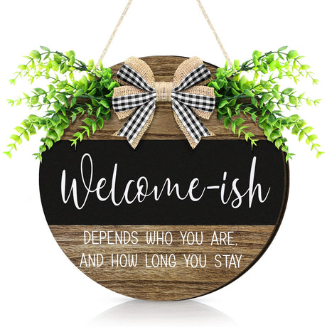 Welcome Sign Welcome-ish Front Door Sign Funny Wreaths Hanging Wooden Plaque Decoration Round Rustic Wood Farmhouse Porch Decor for Home Front Door Decor, 12 x 12 Inch (Retro Style) Jetec