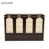 DNChuan Queen Size Murphy Cabinet Bed with Storage Drawer and Charging Station, Foldable Dresser Platform Bed with Oval Rattan Decoration Panel, Space Saving, Espresso DNChuan