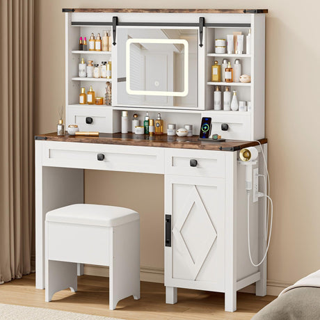 IRONCK Vanity Desk with Sliding Mirror & Lights, Farmhouse Makeup Vanity Table with Power Outlet, 3 Color Lighting Modes, 4 Drawers & Storage Cabinet, Includes Cushioned Stool for Bedroom IRONCK