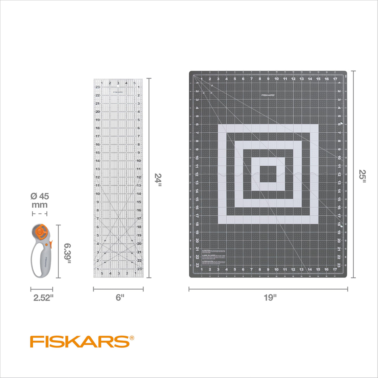 Fiskars Rotary Cutter 3-Piece Set - 45mm Blade Rotary Cutter for Fabric, Self Healing Cutting Mat, and Sewing Ruler - Craft Supplies - White/Gray Fiskars