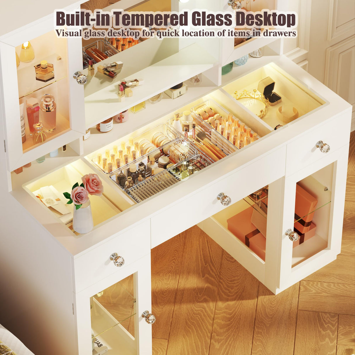 HUAHUU Vanity Desk with Mirror and RGB Lights, 43" Large Makeup Vanity with Glass Top, 4 Large Glass Cabinets, Power Outlet & 3 Drawers, 3 Colors Lighting Adjustable Brightness for Bedroom, White HUAHUU