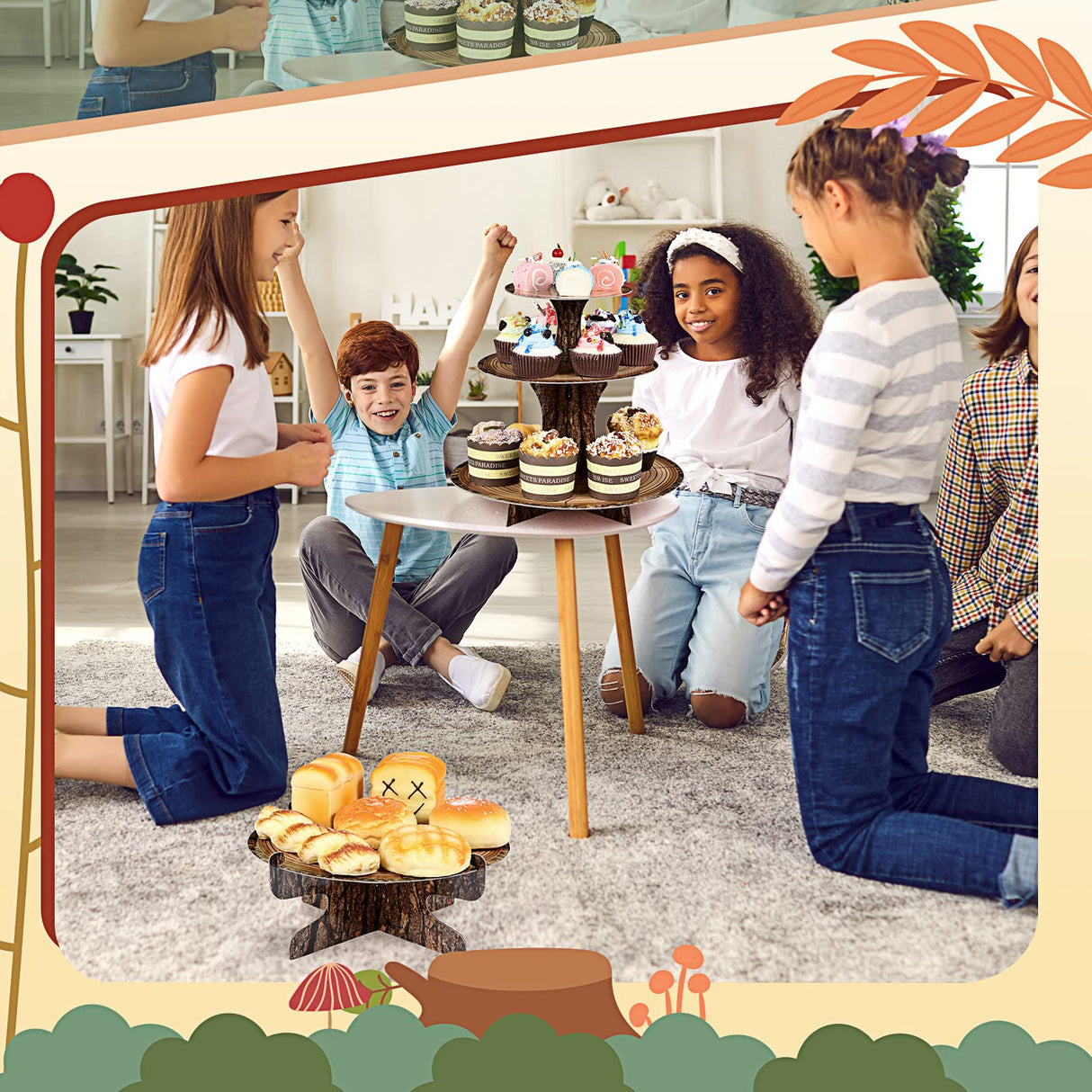 7 Pieces Woodland Cupcake Stand Set Includes 2 Wooden Cupcake Stand 1 Rustic Cake 4 Rectangle Serving Tray for Woodland Western Forest Camping Hunting Baby Shower Birthday Decorations(Woodland) Sawysine