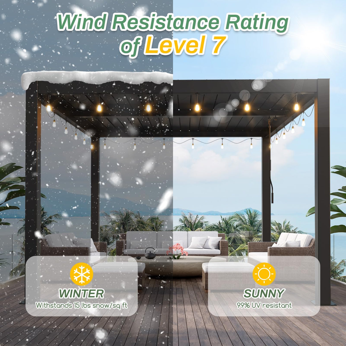 LVUYOYO Outdoor Louvered Pergola 10' x 10' with LED String Lights, Aluminum Pergola with Adjustable Roof, Waterproof Metal Gazebo for Patio, Backyard, Garden, Deck (10x10FT with Lights) LVUYOYO