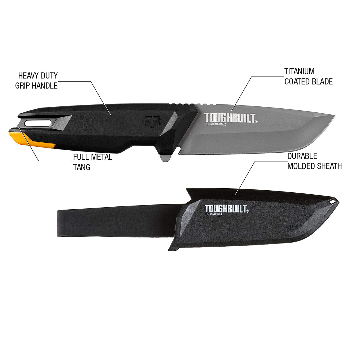 ToughBuilt Tradesman Knife with Sheath, 4” Titanium Drop Point Blade | TB-H4S-40-TMK-2 ToughBuilt