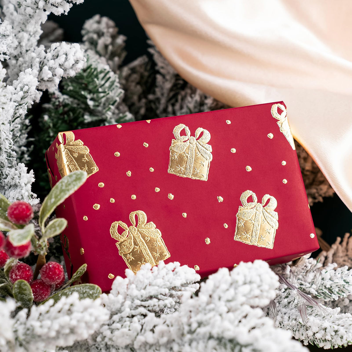 WRAPAHOLIC 3D Kraft Wrapping Paper Roll - Mini Roll - 17 Inch x 16.5 Feet - Gold and Red Christmas Presents Design with Embossed Perfect for Holiday, Party Celebration WRAPAHOLIC