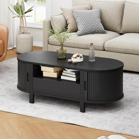 ONBRILL 47.2 Inch Oval Coffee Table with Storage, Mid Century Modern Coffee Table with Drawer, Center Table with Sliding Door and Wood Fluted Handle for Living Room, Black ONBRILL