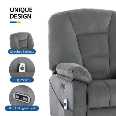 Sftaiyou Power Swivel Rocker Recliner Chair for Adults,Rocking Reclining Chair for Living Room with Massage and Heat, Electric Fabric Recliner Sofa Chair with USB and Type-C Port (Gray) Sftaiyou