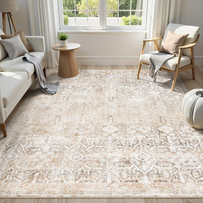 Collive Washable Area Rug 8x10, Neutral Boho Rugs for Living Room Rugs 8x10 Non Slip Farmhouse Modern Bedroom Carpet Stain Resistant Aesthetic Print Accent Floor Mat for Dining Guest Office - Beige