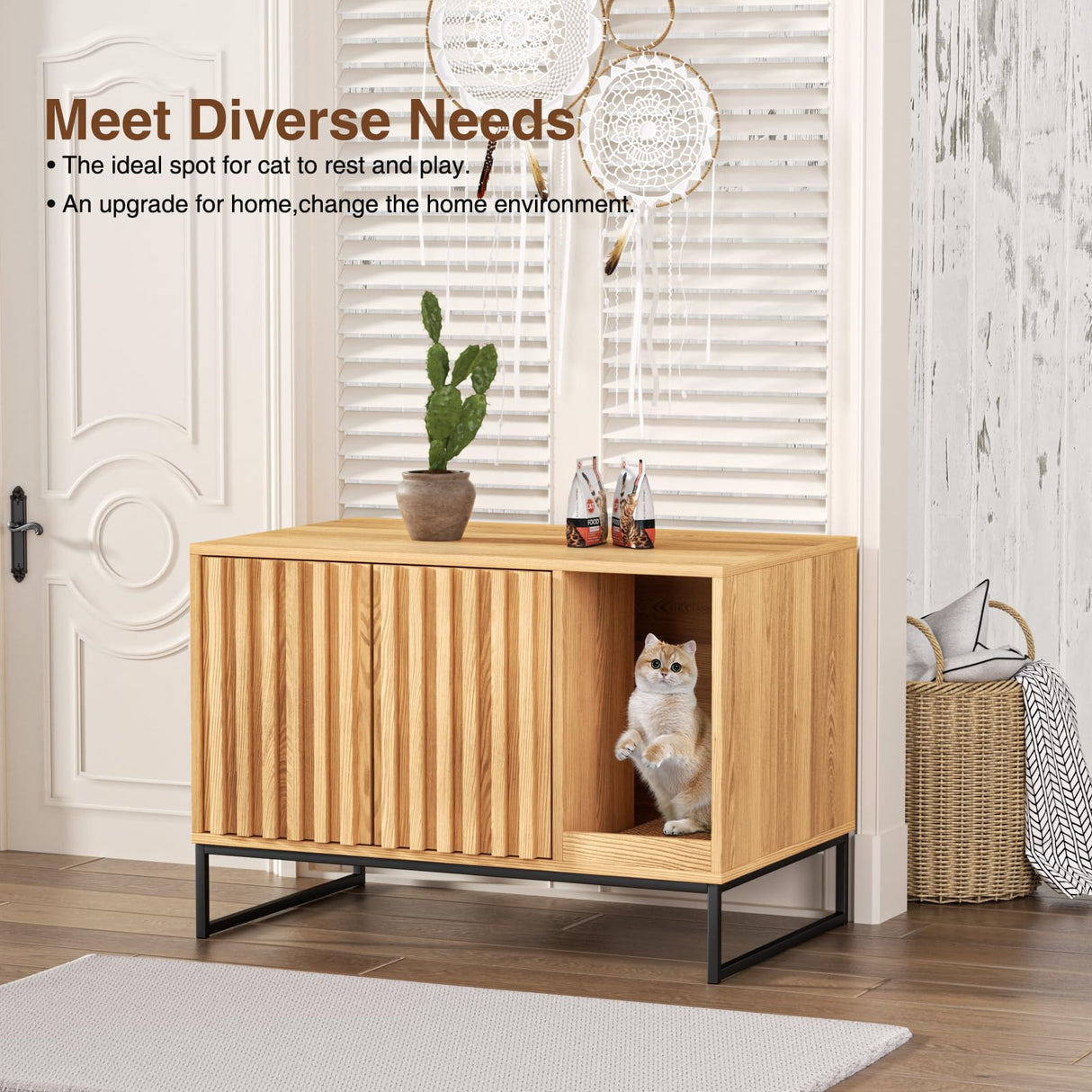 FiveWillowise Litter Box Enclosure, Modern Fluted Hidden Litter Box Furniture,Cat Litter Box Enclosure with Scratching Mat,Cat House Side End Table,Natural FiveWillowise