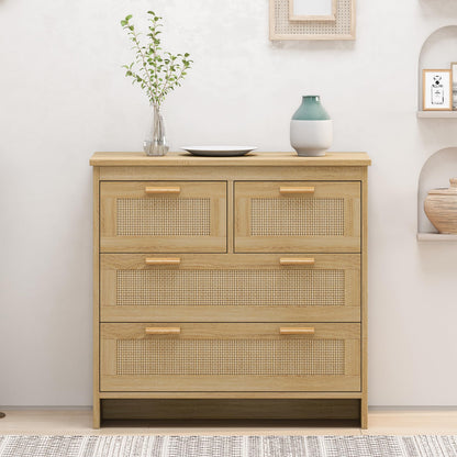 ROCKINGRUN Rattan Dresser for Bedroom, 4 Chests of Drawers, Natural Wood Boho Dresser with Wooden Handles and Legs, Spacious Storage Modern Wicker Dresser for Living Room Hallway (Natural) - WoodArtSupply