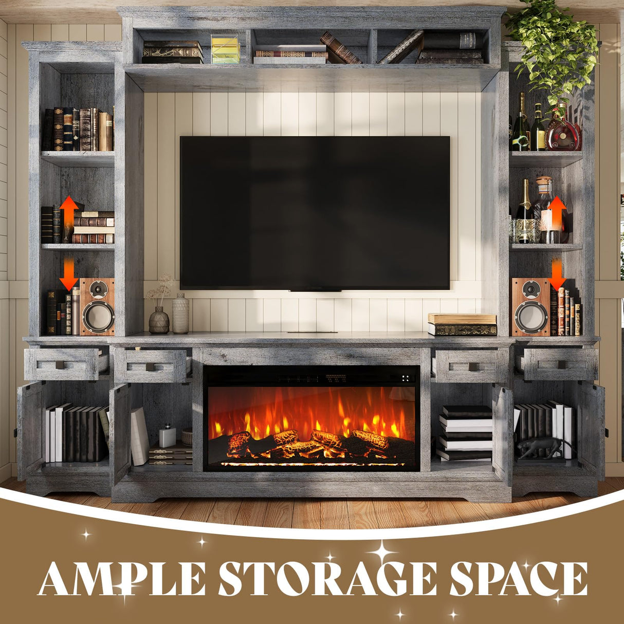 AMERLIFE 98in Farmhouse Entertainment Center with 36" Fireplace, TV Stand, Bookshelves, Wine Cabinet, Fits 75" TVs, Large Wall Unit Media Console with Power Outlets & Barn Doors, Living Room, Grey AMERLIFE