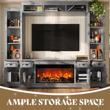 AMERLIFE 98in Farmhouse Entertainment Center with 36" Fireplace, TV Stand, Bookshelves, Wine Cabinet, Fits 75" TVs, Large Wall Unit Media Console with Power Outlets & Barn Doors, Living Room, Grey AMERLIFE