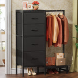 HIGDBFE Dresser with Hanging Rack, 4 Drawers Small Closet for Bedroom, Reversible Fabric Kids Chest of Drawers with Clothes Rack, Tall Storage Tower, Sturdy Frame, Black, 44''H HIGDBFE