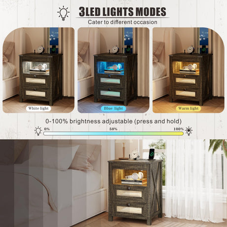 FREDEES Farmhouse Nightstand with Gun Drawer, End Table with Charging Station, LED Bedside Table with Human Sensor Light, Rattan Night Stand for Bedroom, Rustic Brown FREDEES