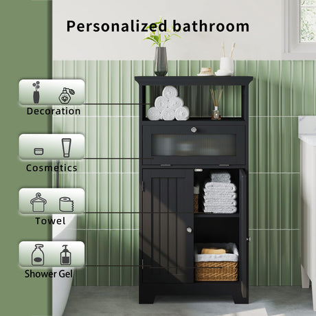 ChooChoo Bathroom Floor Storage Cabinet with Flip Glass Drawer, Bathroom Cabinets Freestanding with 2 Doors Adjustable Shelf and 1 Open Storage for Bathroom, Living Room, Hallway, Black ChooChoo