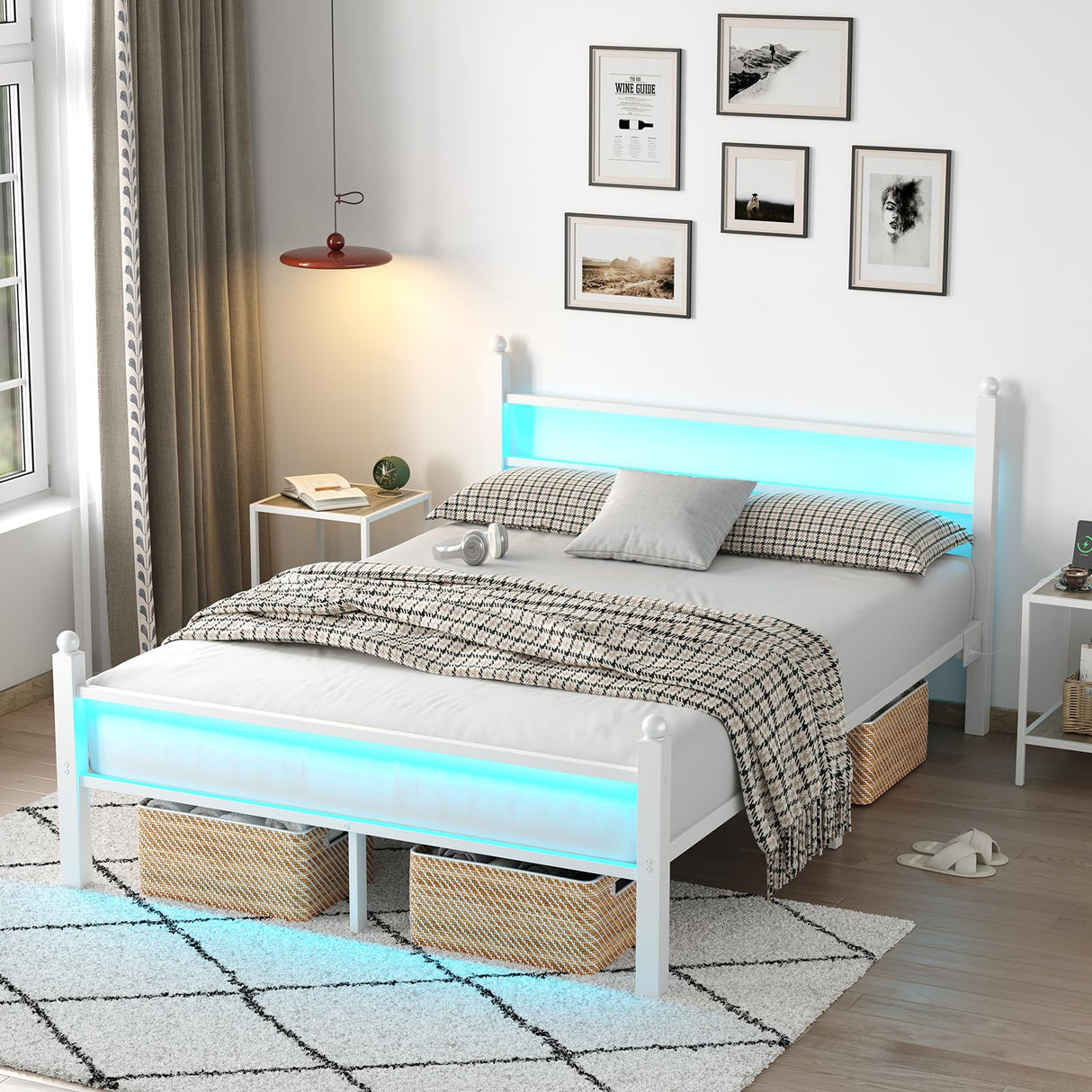 CollaredEagle Full Bed Frame with Headboard and Footboard,Heavy Duty Steel Slats Support Metal Bed Frame with Charging Station,White CollaredEagle