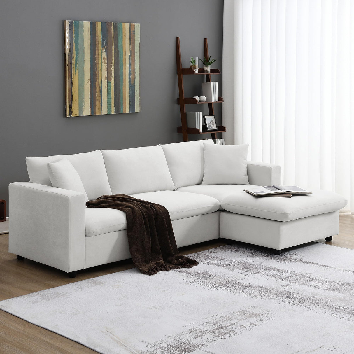 Tmsan 100.4" Modular Sectional Sofa Cloud Couch for Living Room, Modern Convertible L Shaped Couch Set with Ottoman, 4 Seater Polyester Fabric Sofa with 2 Pillows for Apartment Office (White) Tmsan
