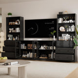 TUSY 4-Piece Large TV Stand with Bookshelves for TVs up to 75", TV Entertainment Center Media Center with Tempered Glass Doors and Shelves, TV Hutch for Living Room (Black) TUSY