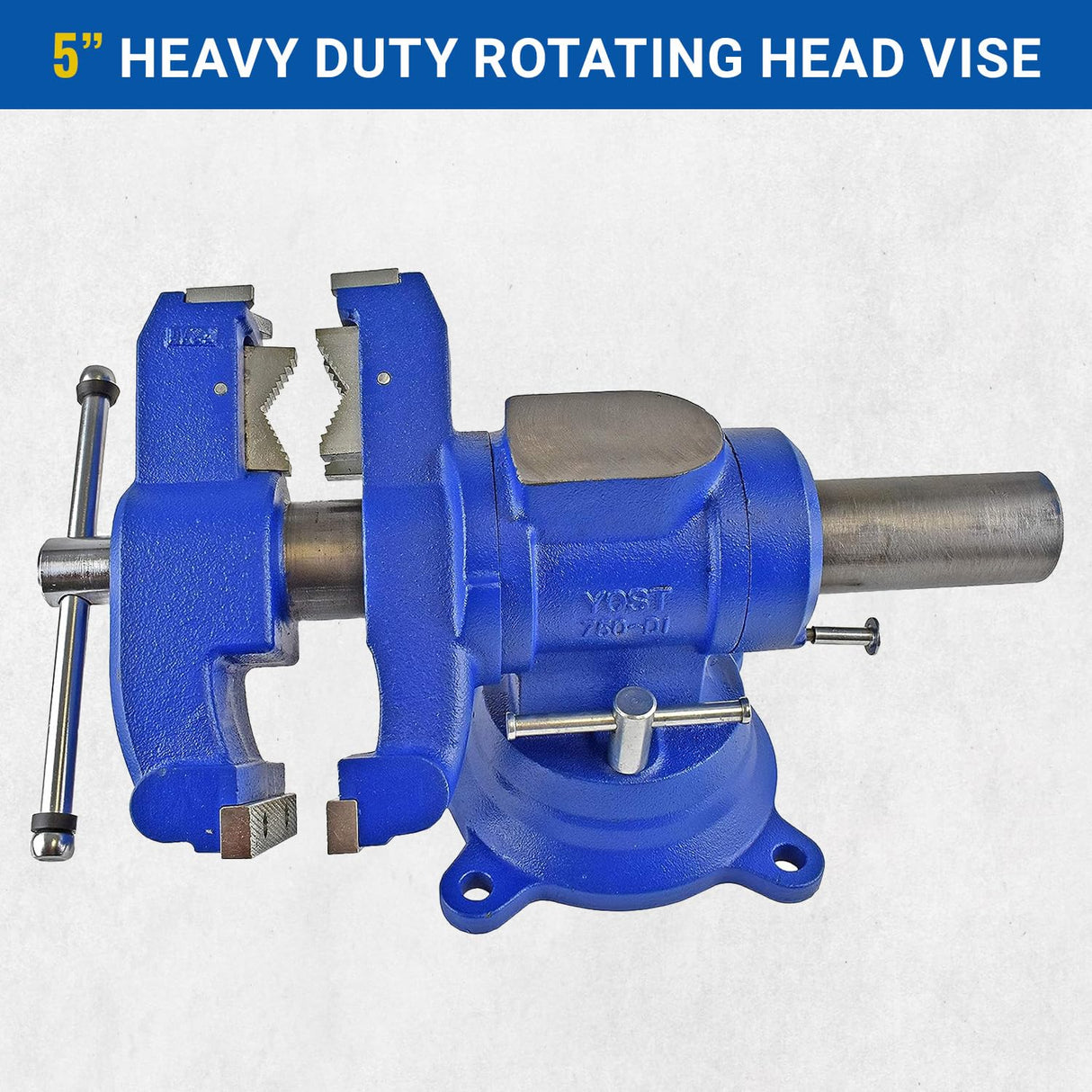 Yost Vises 750-DI Multi-Jaw Rotating Vise System | 2 in 1 Multipurpose Bench and Pipe Vise | Secure Grip with Swivel Base | Made with a Combination of Ductile Iron & Hardened Steel | Large, Blue Yost Tools