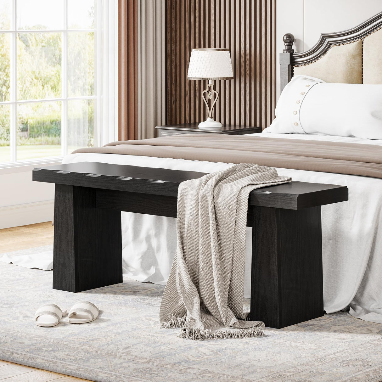 Tribesigns Wooden Entryway Bench, 47-Inch Wood Dining Table Bench with Sturdy Frame for Dining Room Bedroom Living Room Hallway Kitchen, Easy Assembly (Black) Tribesigns