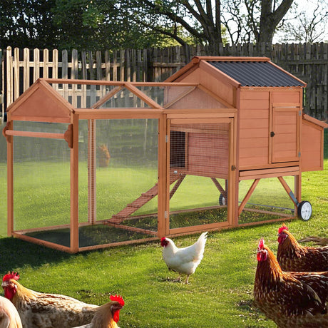 U-MAX 95“ Chicken Coop with Wheels, Wooden Chicken Tractor Hen House with Run, Nesting Boxes, Ramps, Removable Tray, Natural Wood U-MAX