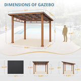 LUE BONA 10x12 Hardtop Lean to Gazebo, Outdoor Pergola Metal Roof Gazebo with Wooden Frame, Permanent Patio Gazebo Canopy with Curtains, Pavilion Grill Gazebo for Backyard, Garden, Deck, Patio LUE BONA