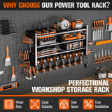 Heavy Duty Power Tool Organizer Wall Mount with Charging Station, Large Garage Organization with 10 cordless Drill Holder, 4 Layers Tool Organizers and Storage, Tool Rack with 6 Power Strip, Black Shomextol