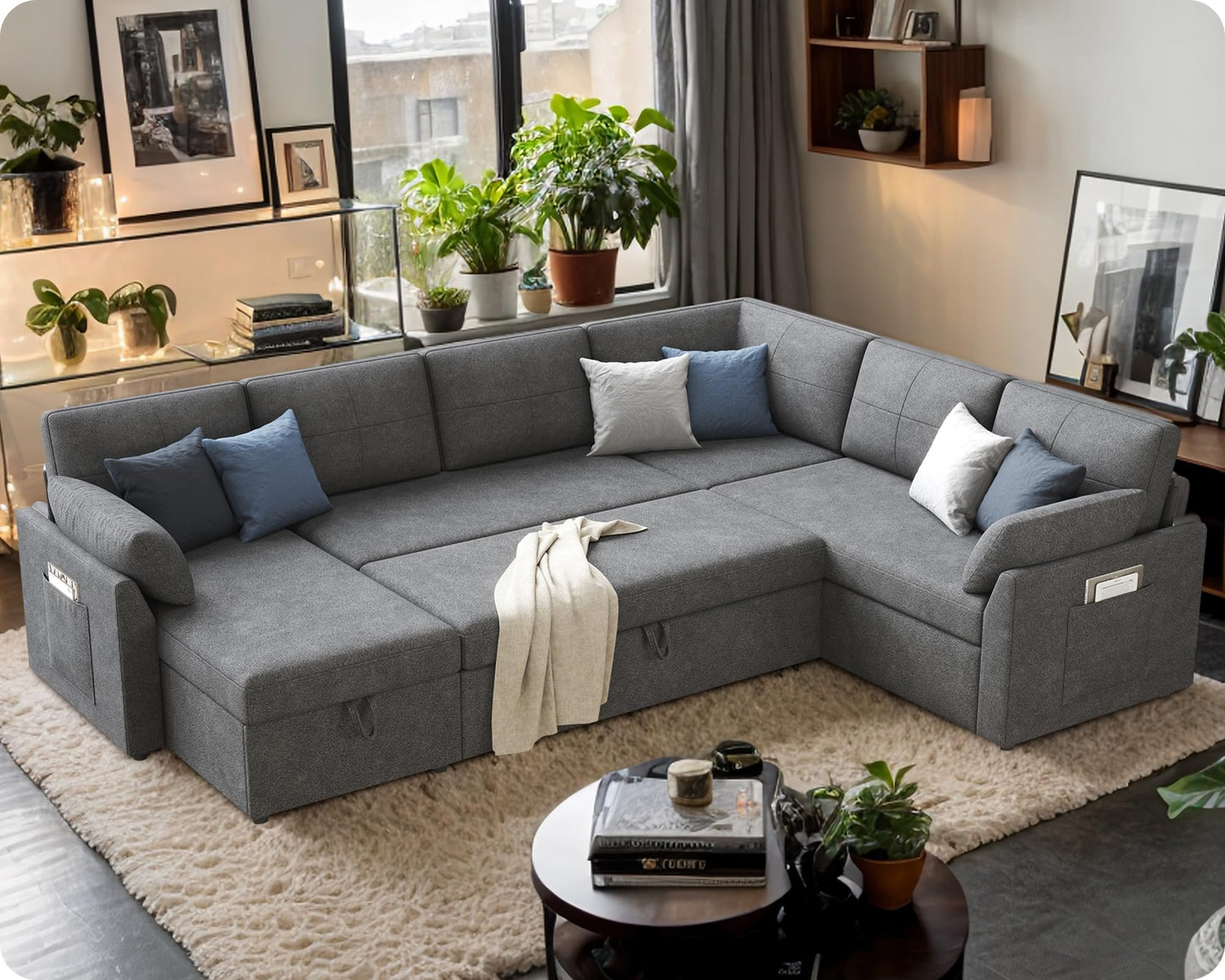 VanAcc Sofa Bed, 112 Inch Sleeper Couch with Storage Chaise, Oversized U Shaped Sofa with Pull Out Sofa Bed, Sectional Couches for Living Room, Grey Linen Sofa Couch