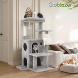 Globlazer FC50 Cat Tree Tower for Indoor Cats, 50-inch Adult Cat Tree House for Large Adult Cats with Steps, Scratching Post, 2 Cat Caves, Dangling Toys, Light Grey Globlazer