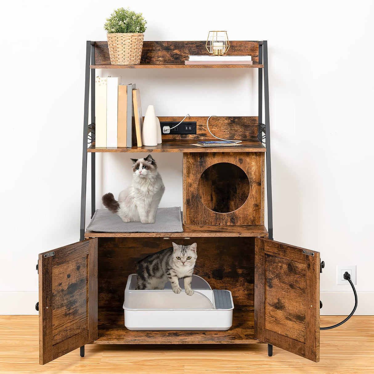 HOOBRO Litter Box Enclosure with 2 Storage Shelves, Indoor Tall Cat Litter Box Furniture Hidden with Charging Station with Cat House and Plush Mat, Rustic Brown and Black BF70UMW01 HOOBRO