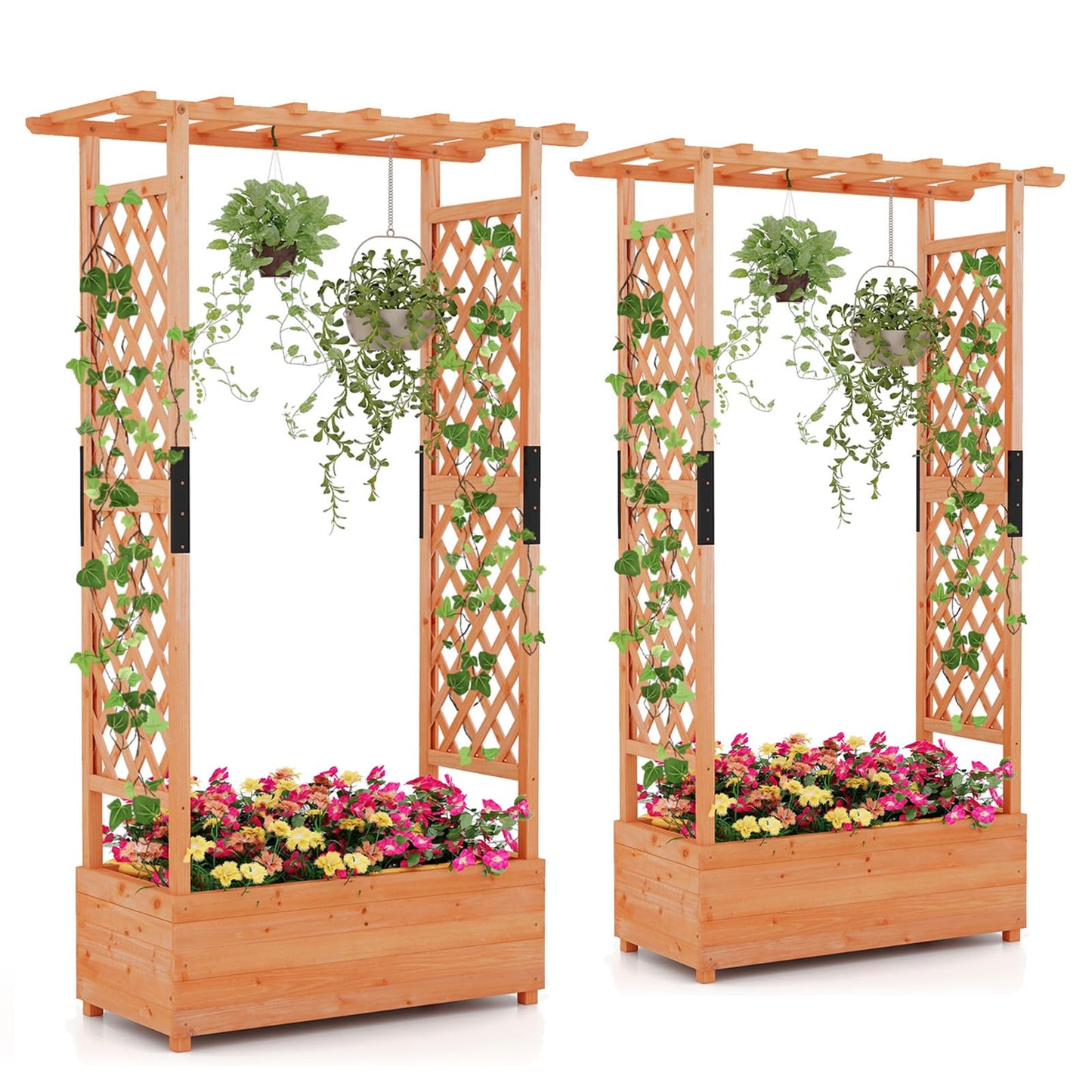 Giantex Set of 2 Raised Garden Bed with 2-Sided Trellis & Hanging Roof, Fir Wood Planter Box w/Drainage Holes, Freestanding Garden Planter for Flowers Herbs Climbing Vines (43.5" x 17.5" x 72")