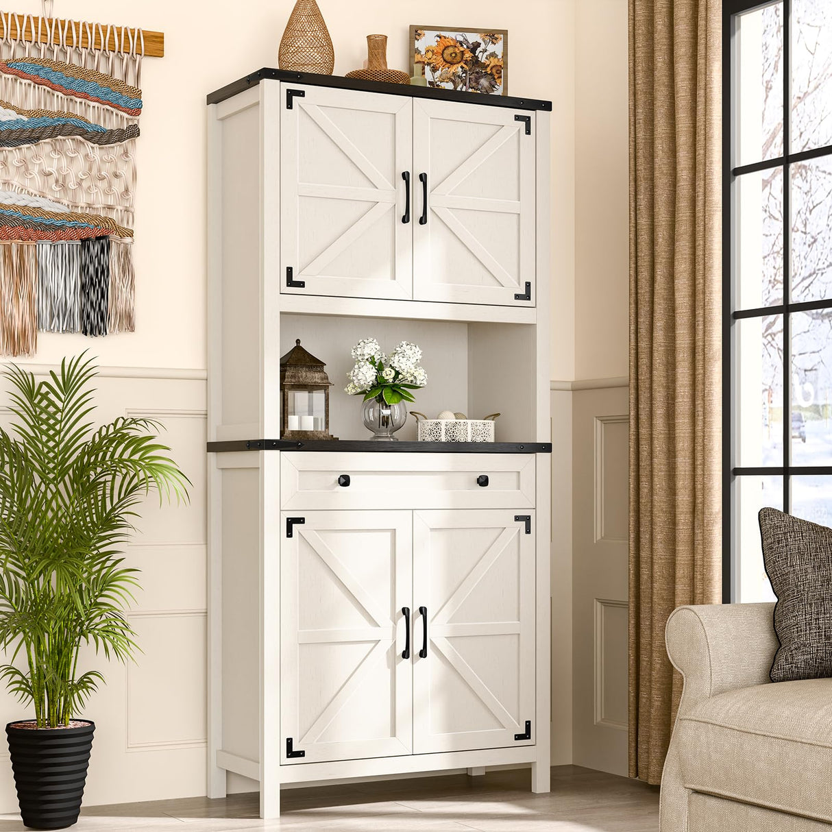 Befrases 72" H Tall Farmhouse Storage Cabinet with Drawer, 6 Tier Kitchen Pantry Organize with 4 Barn Door and Adjustable Shelf, Microwave Stand for Kitchen, Garage, Living, Utility Room, Black Befrases