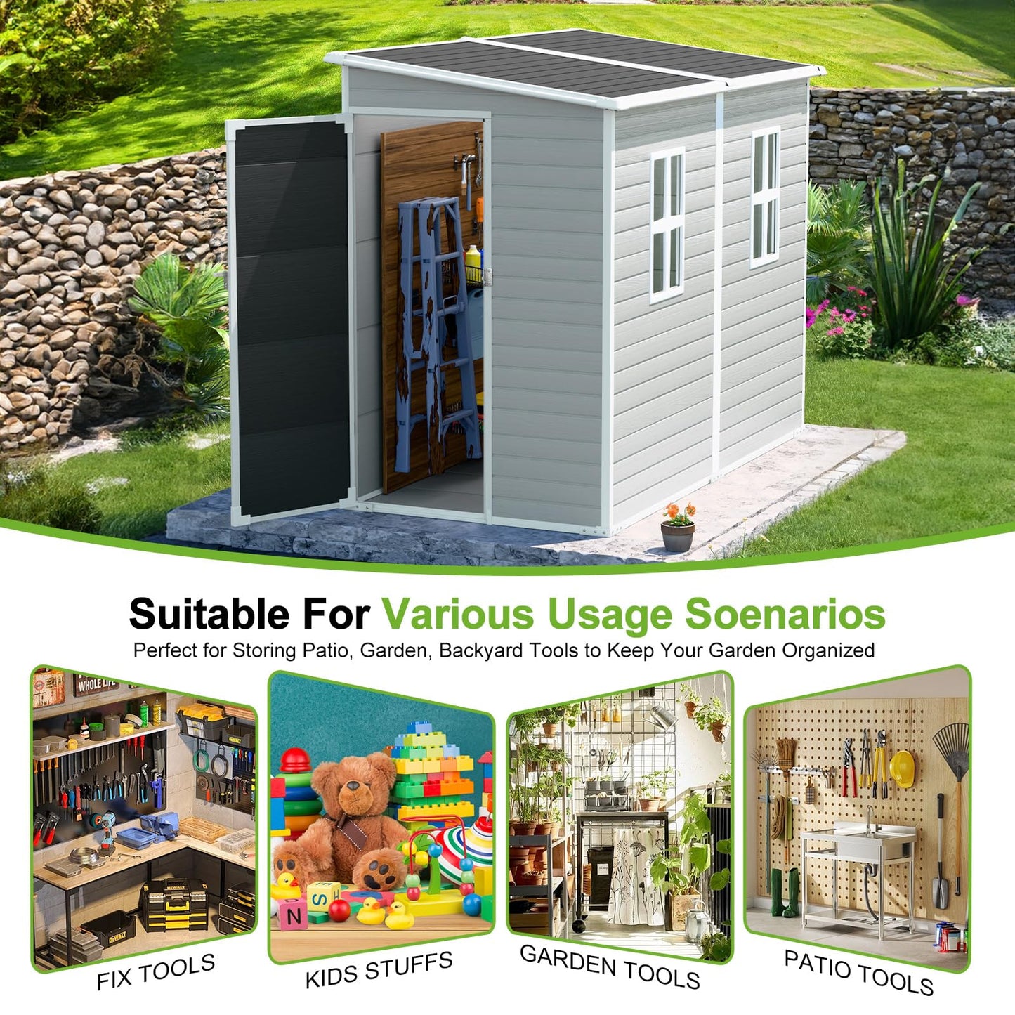 WACASA Outdoor Storage Sheds with Floor, 8X4FT Waterproof Resin Sheds with Lockable Door, Window & Vents, Plastic Storage Shed for Patio, Garden, Yard, Tools