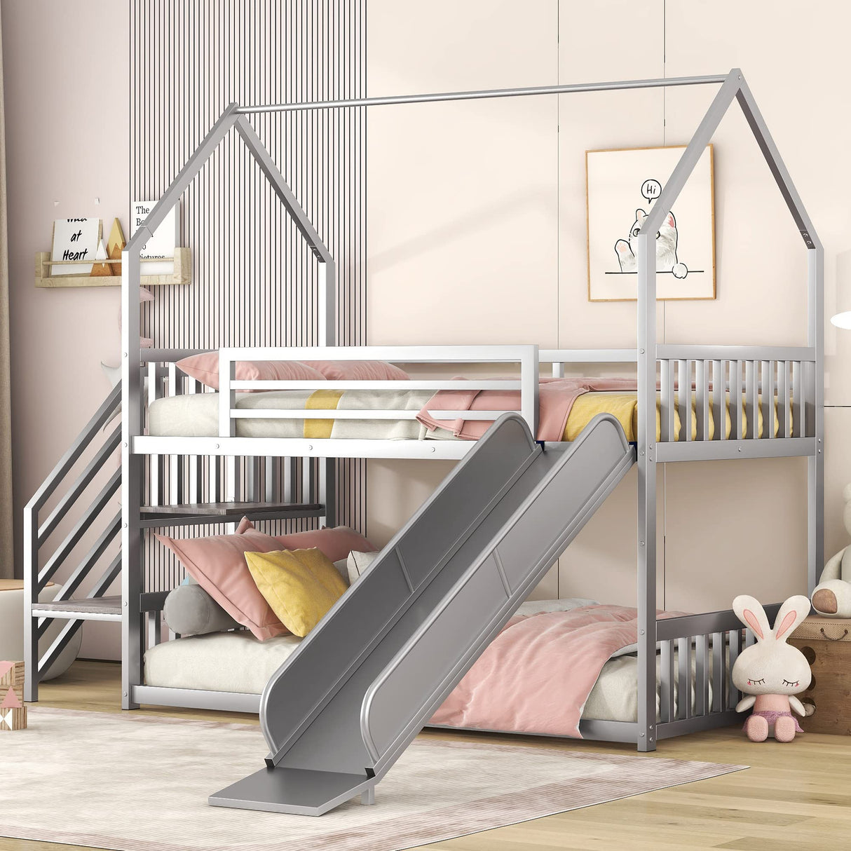 Favfurish Twin Over Twin-Size Metal Bunk Bed House-Shape-Bed with Slide and Staircase,No Box Spring Needed, Easy to Install, for Kids, Girls, Boys,Silver Favfurish