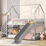 Favfurish Twin Over Twin-Size Metal Bunk Bed House-Shape-Bed with Slide and Staircase,No Box Spring Needed, Easy to Install, for Kids, Girls, Boys,Silver Favfurish