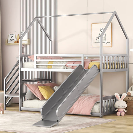 Favfurish Twin Over Twin-Size Metal Bunk Bed House-Shape-Bed with Slide and Staircase,No Box Spring Needed, Easy to Install, for Kids, Girls, Boys,Silver Favfurish