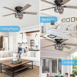 52 inch Flush Mount Black Ceiling Fans with Light Remote Control, 5 Reversible Blade Farmhouse Low Profile Ceiling Fan with Crystal Lighting Chandelier for Bedroom Breezary